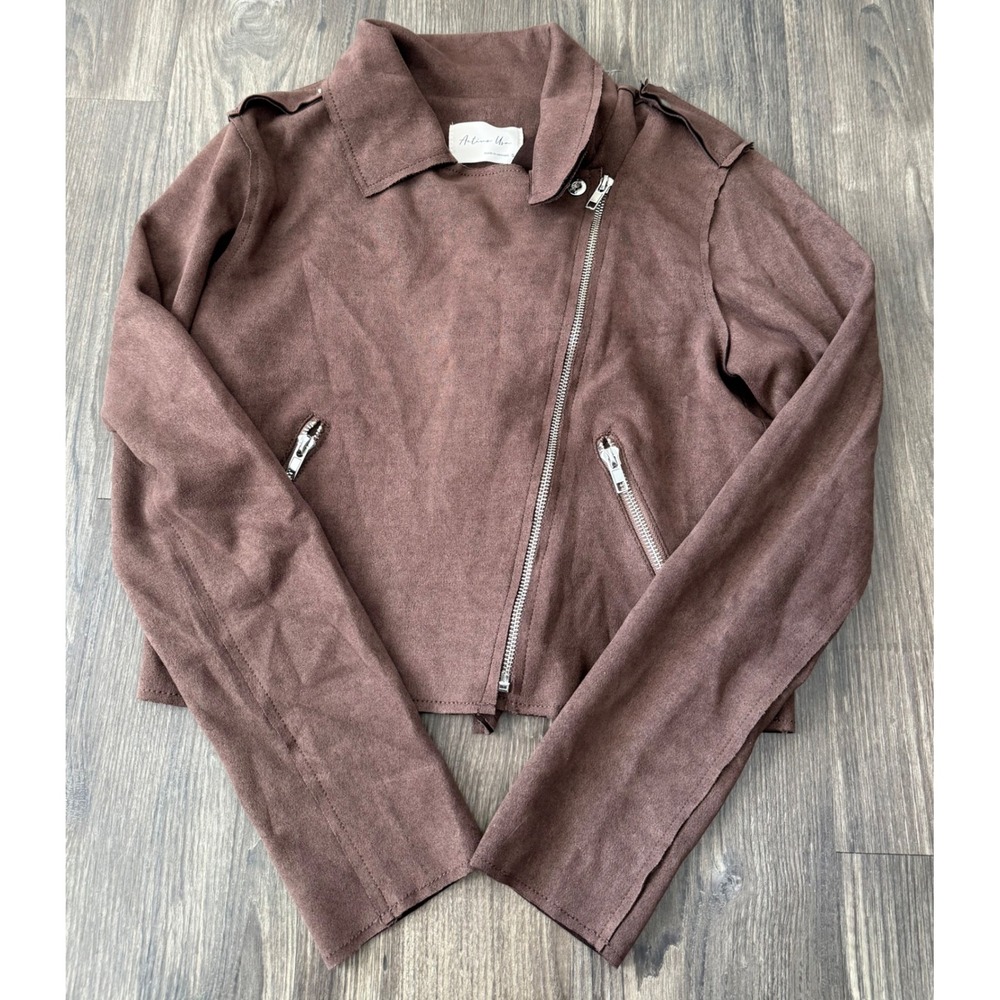 Active USA Brown Faux Suede Moto Jacket Asymmetrical Zip Small